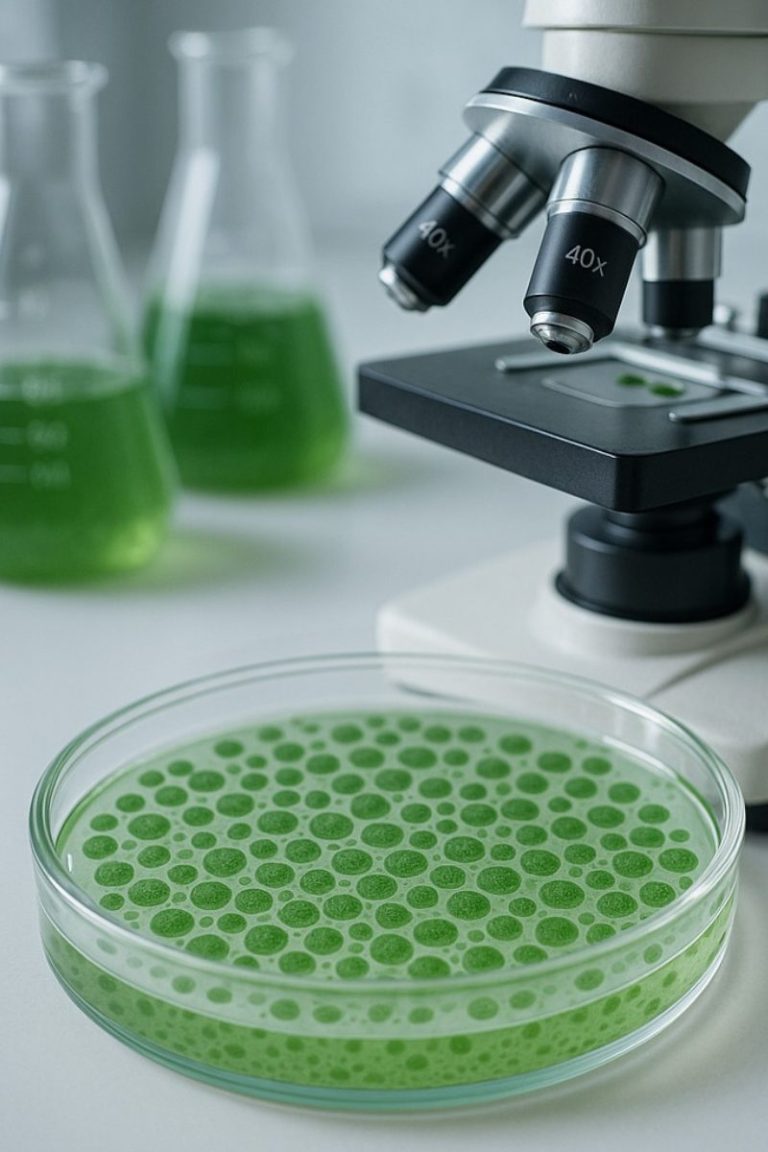 Análisis de microalgas en laboratorio para bioestimulantes agrícolas sostenibles.