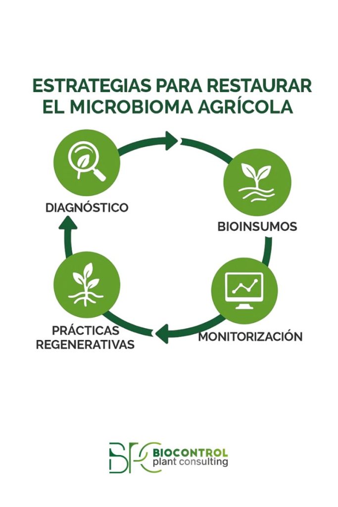 Estrategias para restaurar el microbioma agrícola con diagnóstico, bioinsumos, prácticas regenerativas y monitorización.
