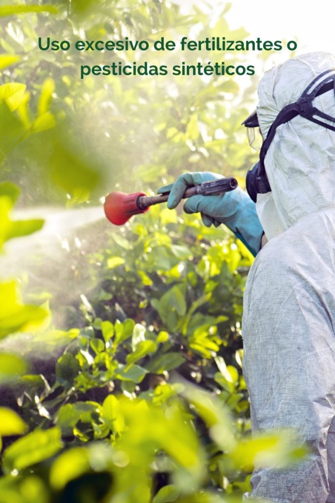 Uso excesivo de fertilizantes y pesticidas sintéticos que provocan deterioro del microbioma agrícola.